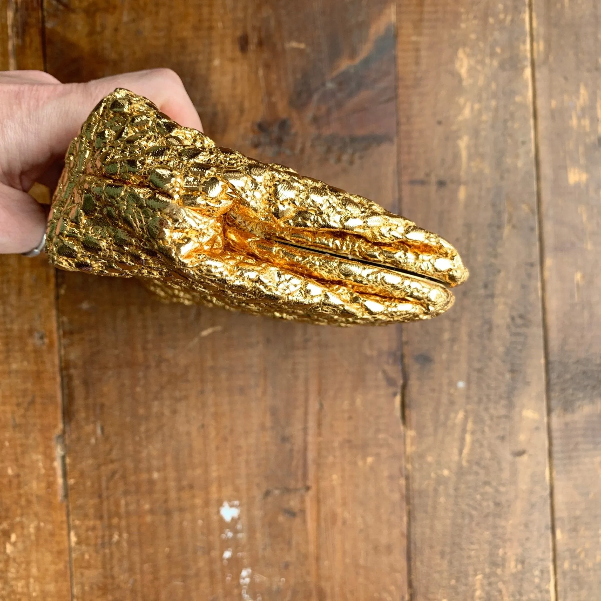 Vintage Gold Lame Clutch with Rhinestone Closure. Metallic Statement Accessory Circa 1960s.