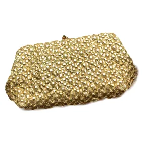 Vintage Gold Lame Clutch with Rhinestone Closure. Metallic Statement Accessory Circa 1960s.