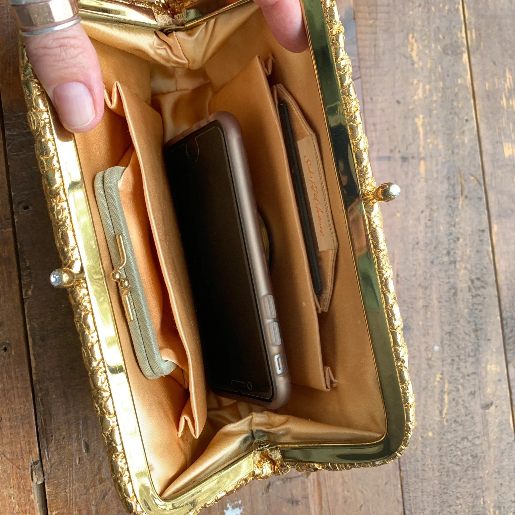 Vintage Gold Lame Clutch with Rhinestone Closure. Metallic Statement Accessory Circa 1960s.